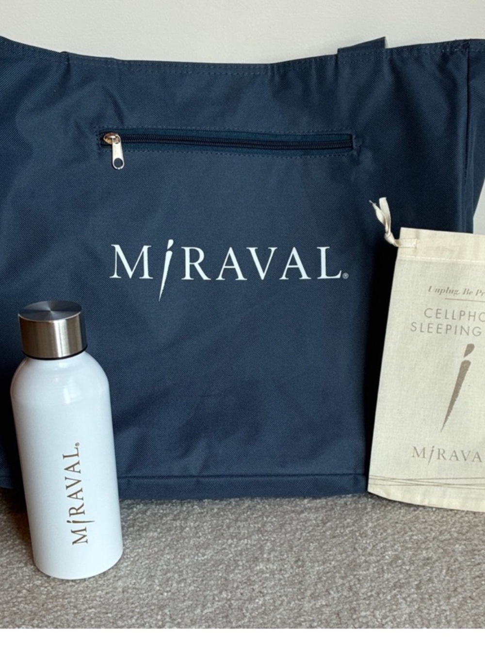 Miraval Reversible Navy Tote Bag, Water Bottle & Cellphone Sleeping Bag NEW